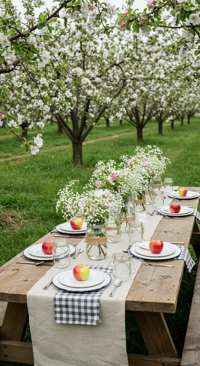 Rustic picnic table in an orchard with apples, gingham napkins, and baby's breath in jars.