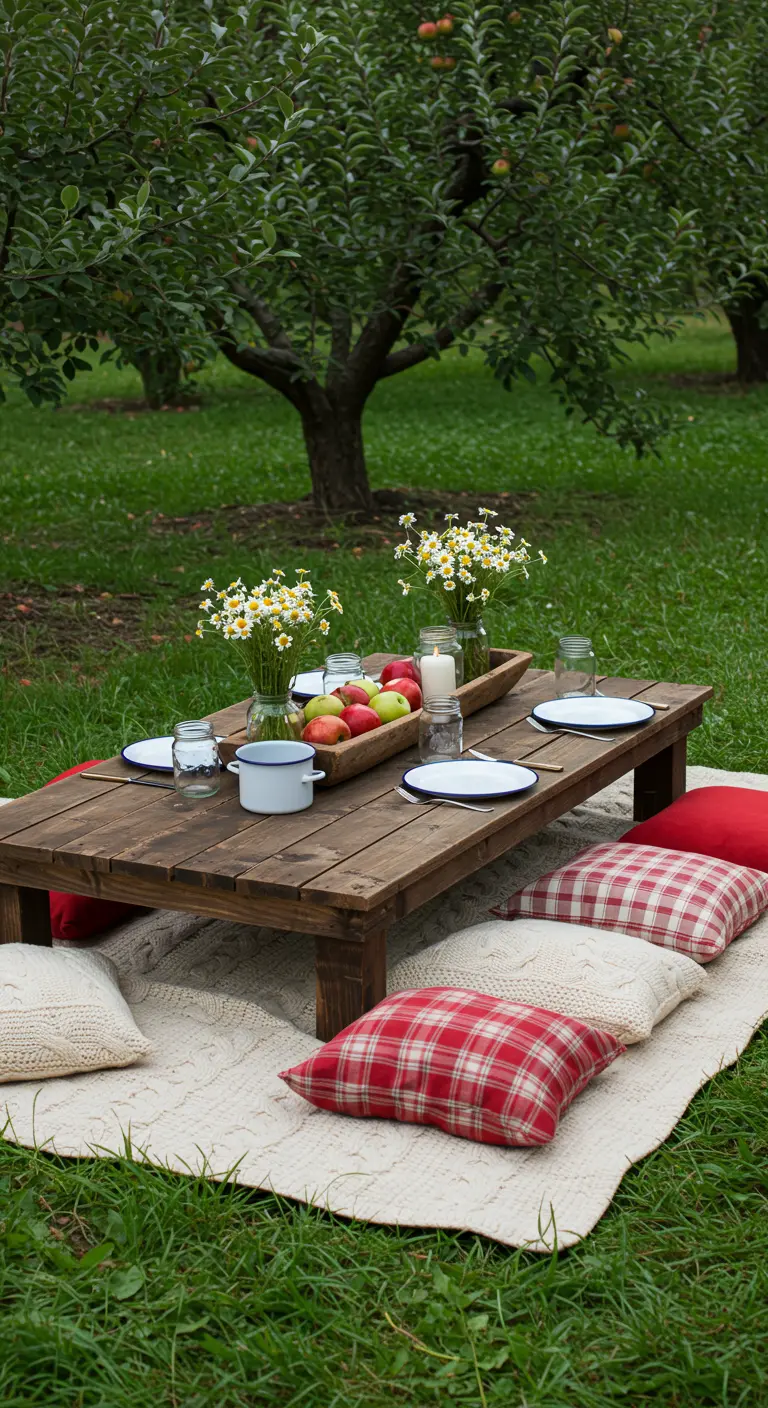 Picnic in an apple orchard with a plaid pillows, a knit blanket, and apples.