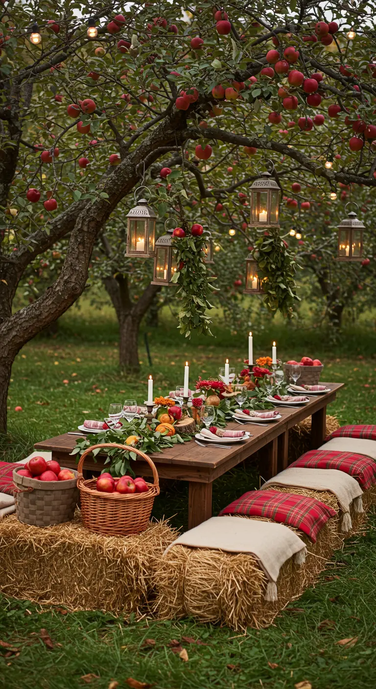 A long table in an apple orchard with hay bale seats, lanterns hanging from a tree, and baskets of apples.