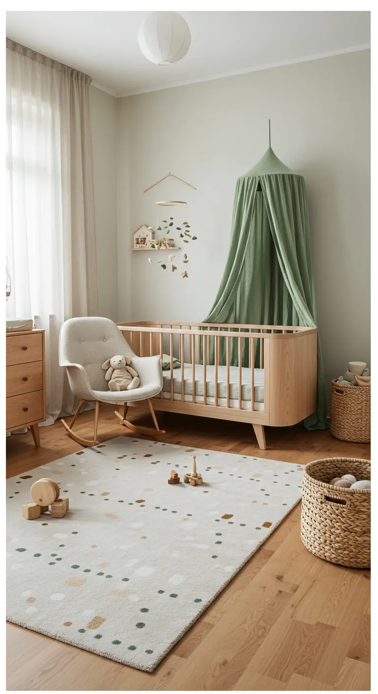 A Japandi-style nursery with a light wood crib, a sage green canopy, and natural textures.