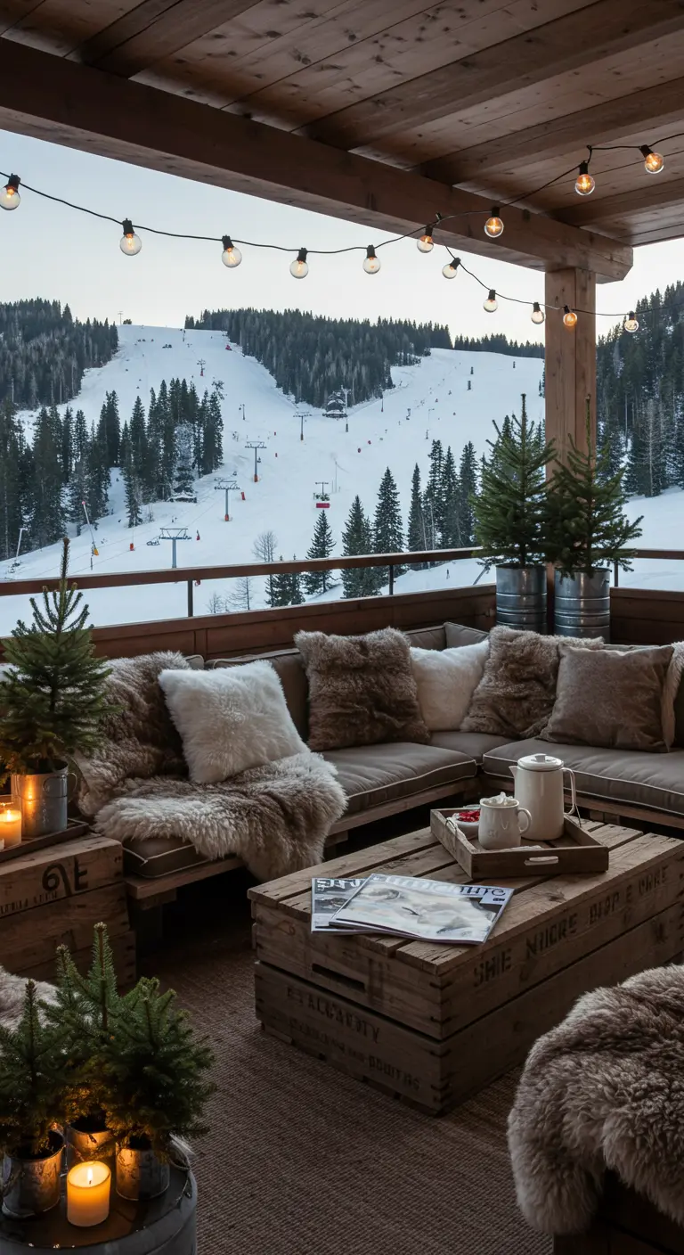 Large outdoor sofa with fur throws and crate tables overlooking a snowy ski slope.
