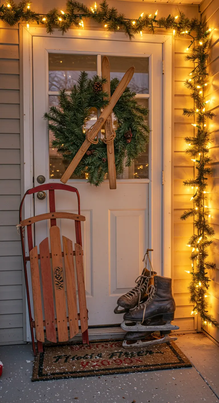 A rustic porch decorated with vintage wooden skis on the door, a sled, and old ice skates.