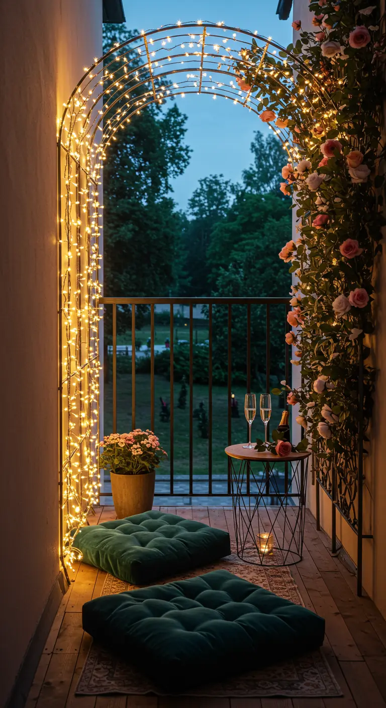 Balcony with a light-wrapped archway, climbing roses, and plush velvet floor cushions.