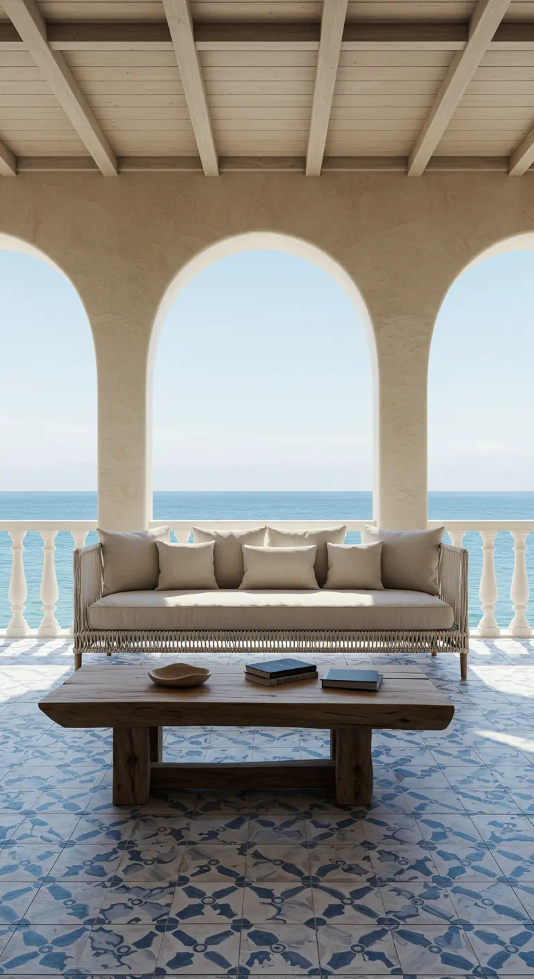A long rope sofa on a tiled balcony, with the ocean view framed by beautiful white archways.