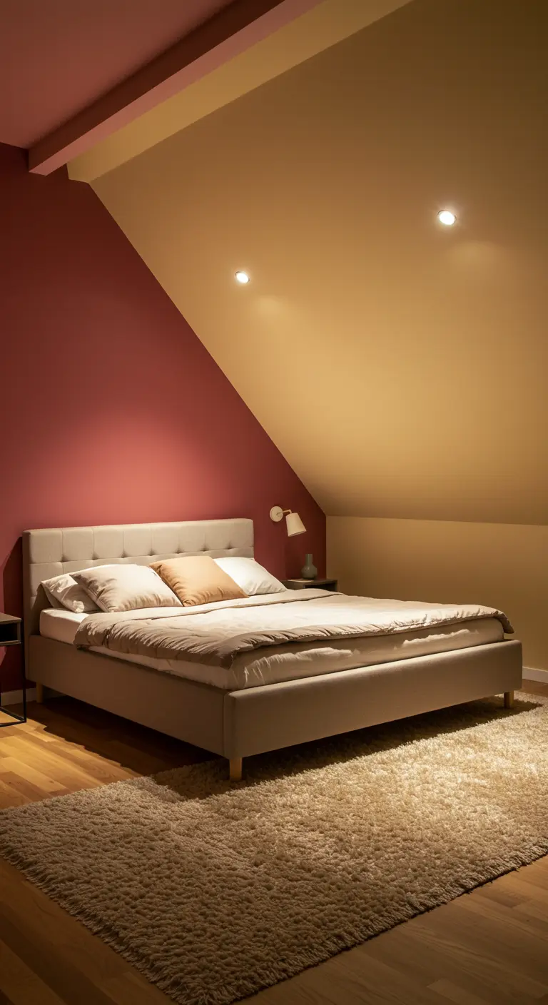 An attic bedroom with a sloped ceiling, featuring a raspberry accent wall and a yellow ceiling.