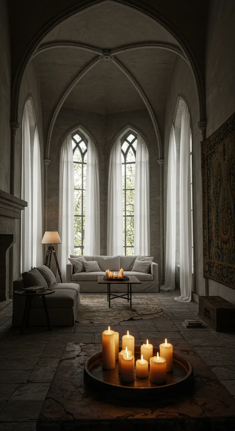 Grand living room with gothic arches, stone floors, and long white curtains.