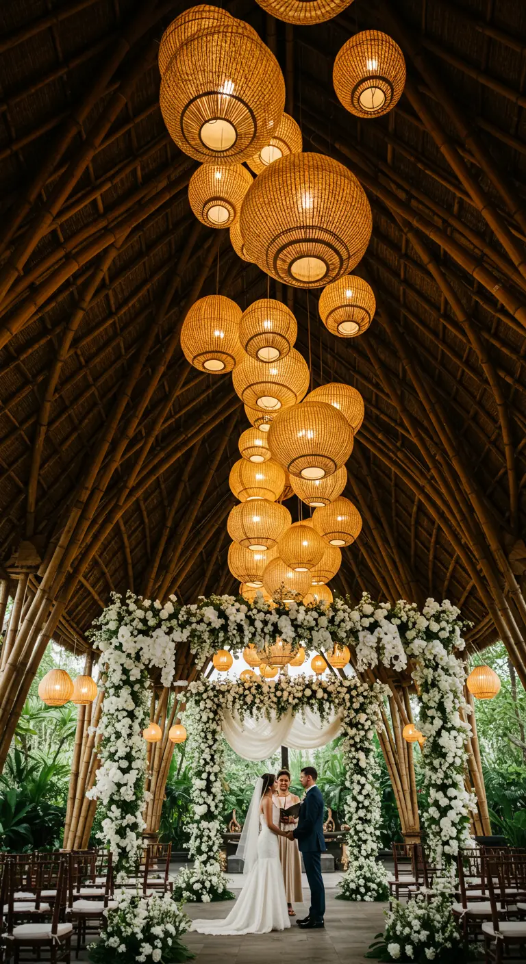 A wedding ceremony under a high bamboo ceiling with a large cluster of hanging rattan lanterns.