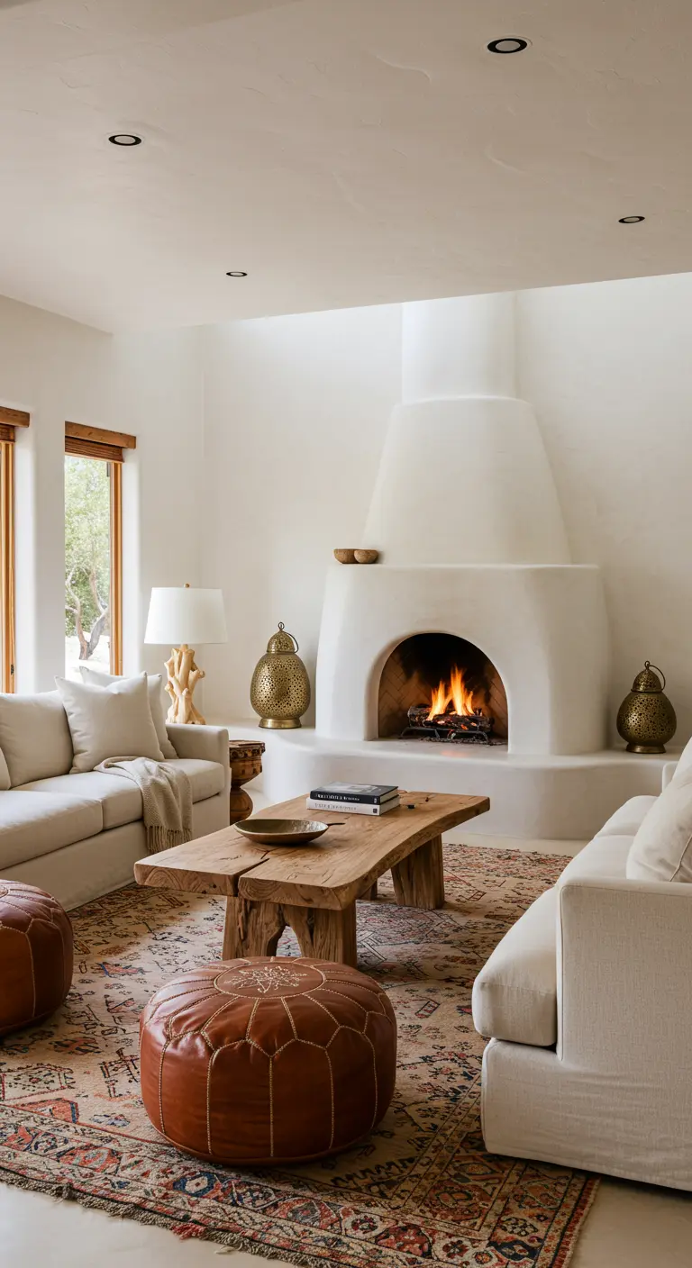 White living room with a kiva fireplace, linen sofas, and two brass Moroccan lanterns on the floor.