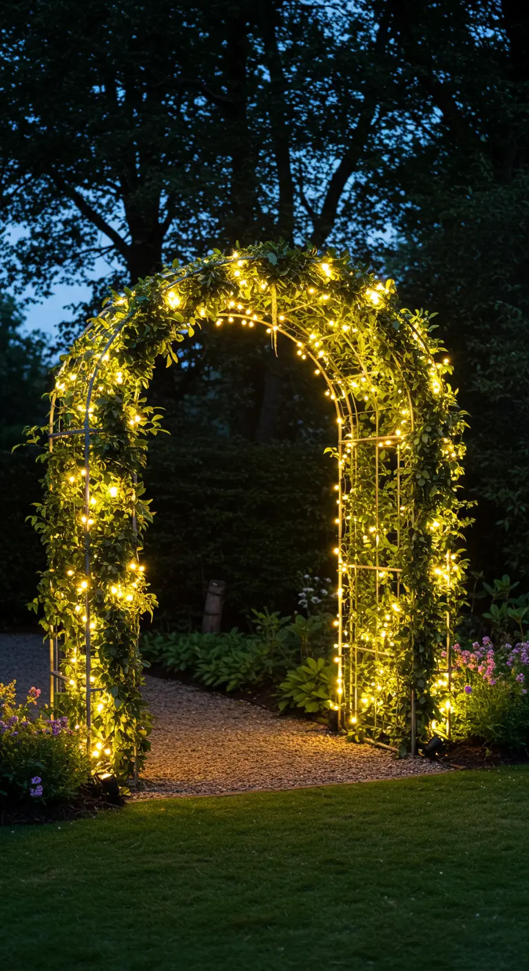 A metal garden arch covered in ivy and glowing with fairy lights at night.