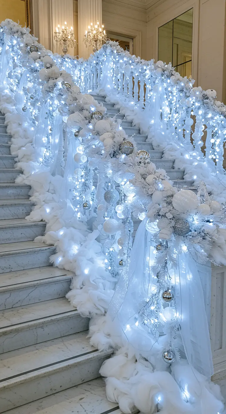 Grand white staircase draped in white snow, silver ornaments, and dazzling cool white lights.