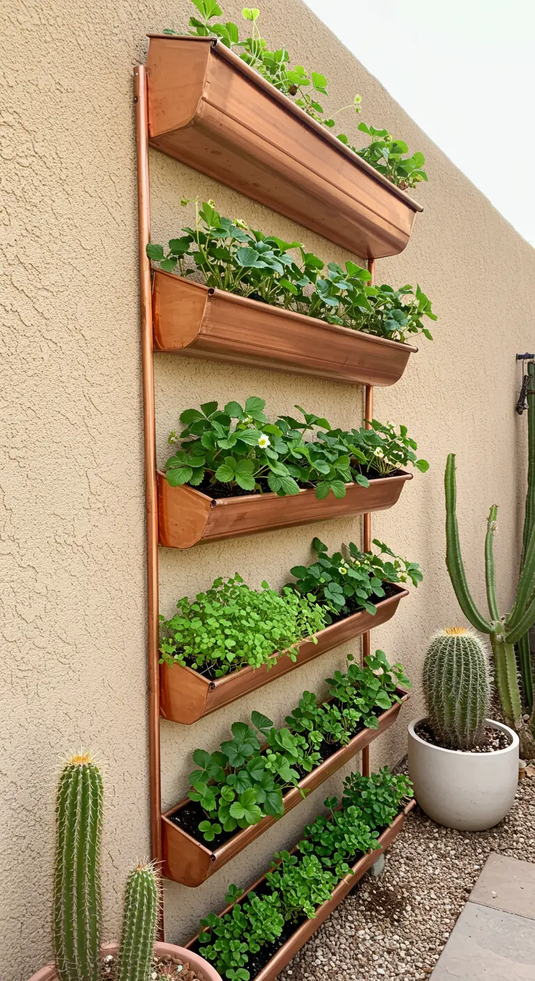 Copper vertical garden with strawberries and microgreens next to cacti