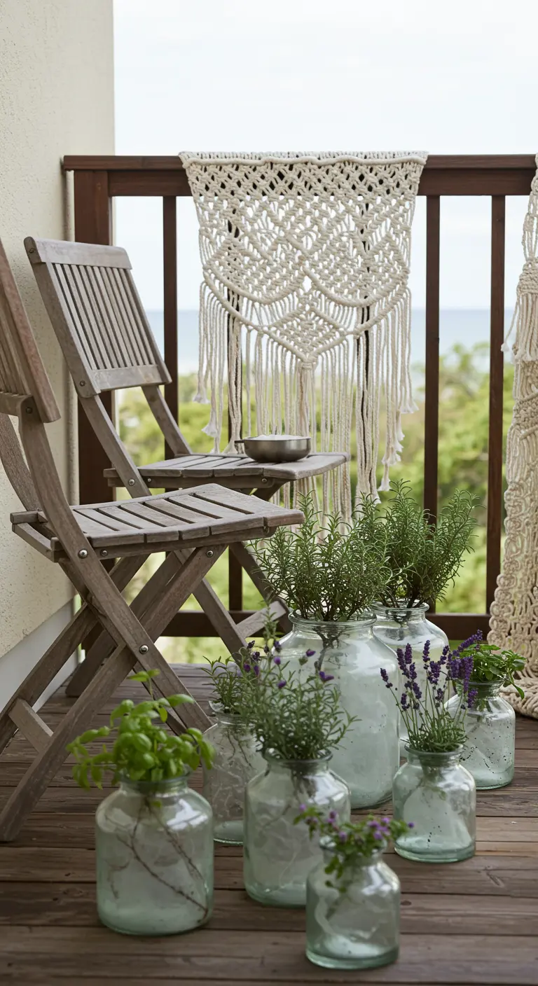 A collection of herbs like lavender and rosemary planted in large, clear glass jars.