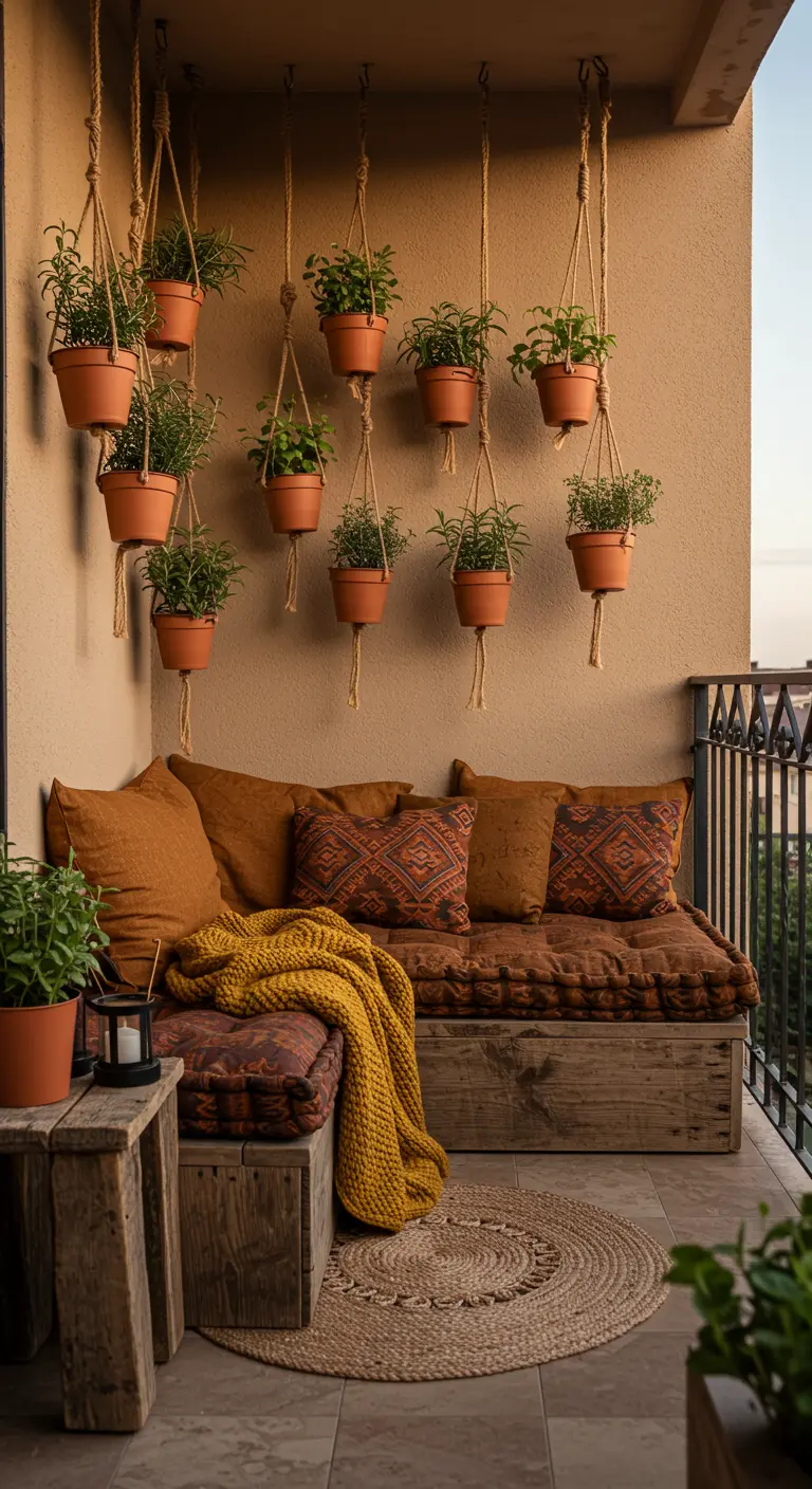 Cozy balcony with a wooden bench, mustard throw, and a canopy of hanging herbs in terracotta pots.