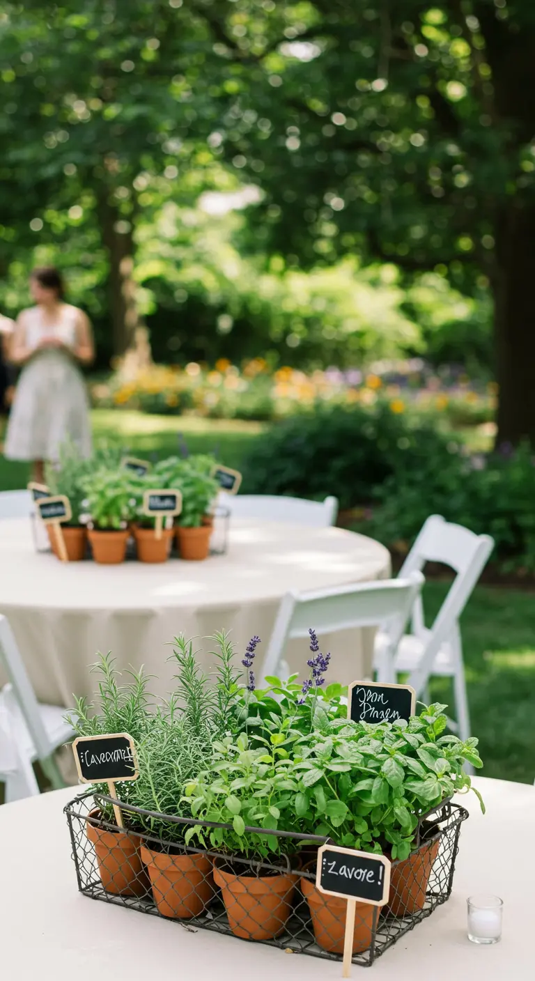 A wire basket holding small terracotta pots of fresh herbs with little chalkboard labels.