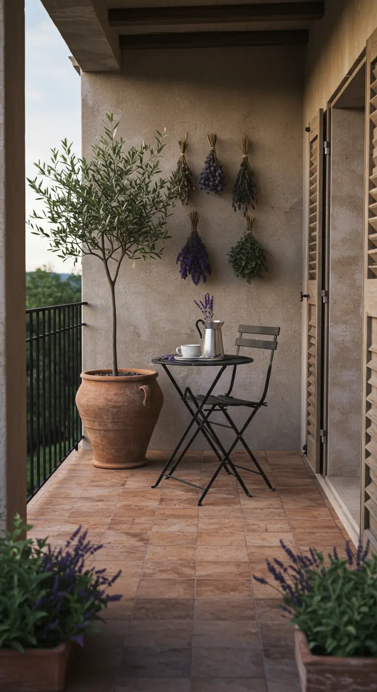 Balcony with a potted olive tree and bunches of dried herbs hanging on a stucco wall.