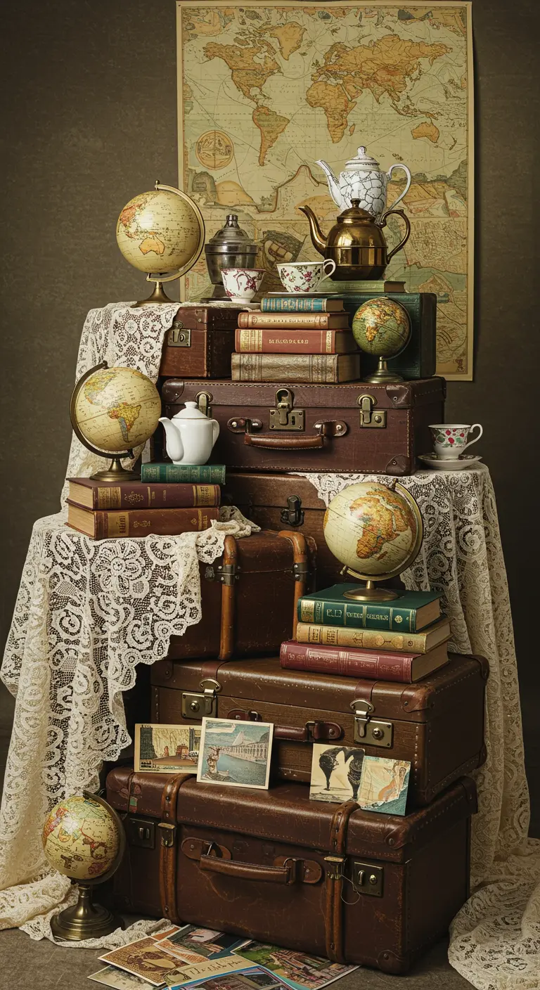 A vintage travel-themed display with stacked suitcases, globes, maps, and teapots.