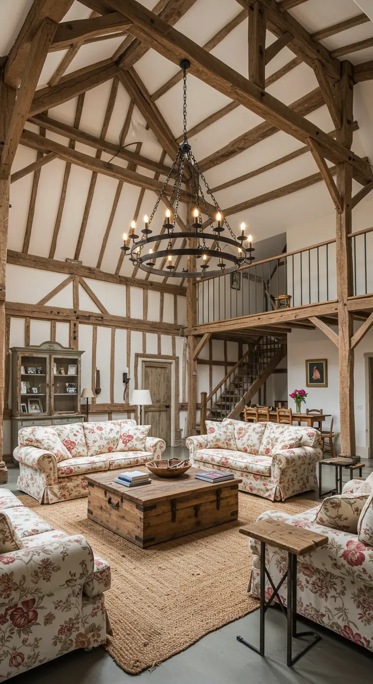 A large converted barn living room with facing floral sofas and exposed wood beams.