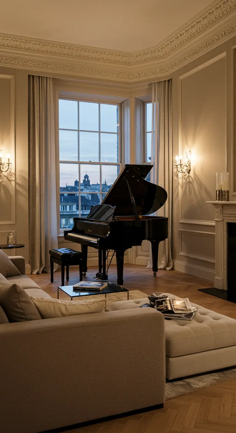 Elegant living room with a grand piano by the window and a comfortable sectional sofa.