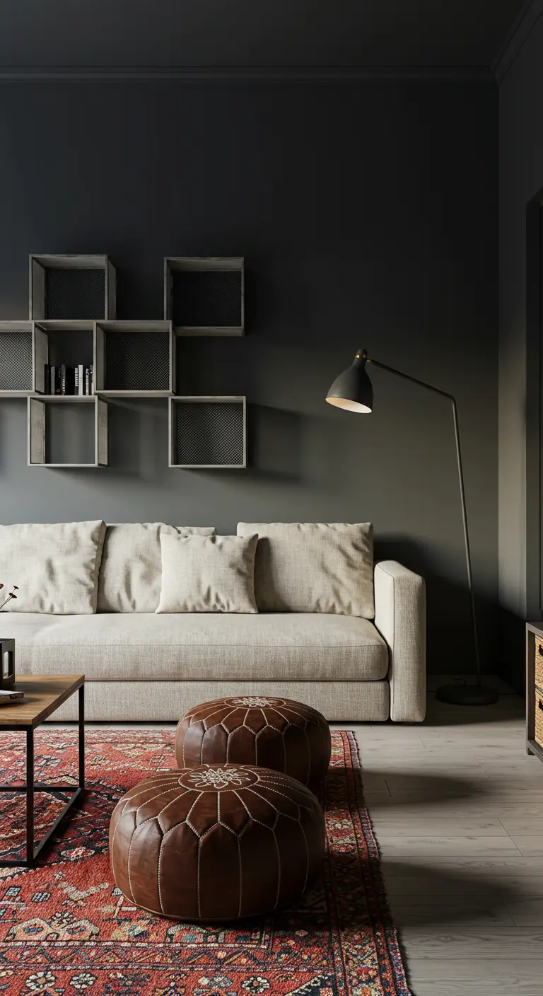 Dark gray wall with asymmetrical metal mesh box shelves above a neutral sofa and leather poufs.