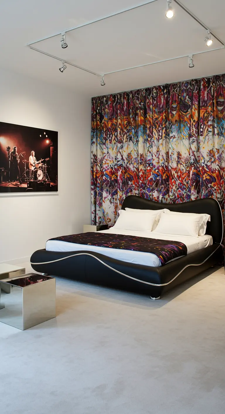 Minimalist bedroom with a black bed and vibrant, graffiti-print curtains.