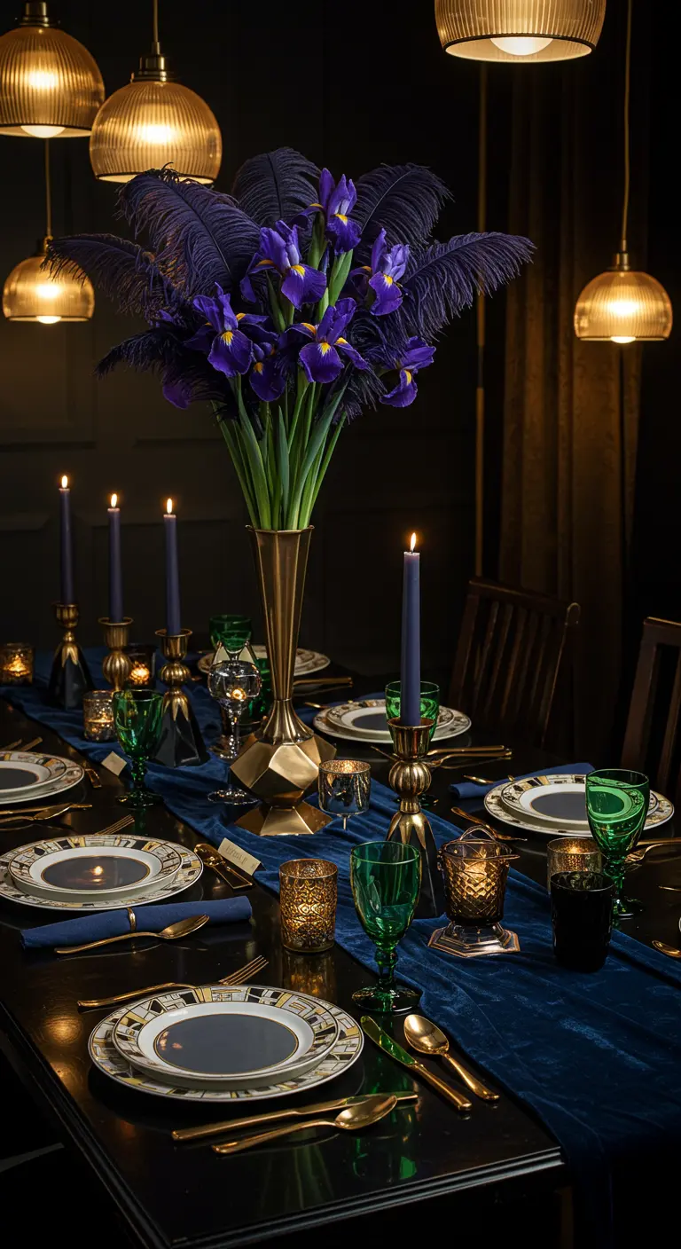 Art Deco table with purple iris, ostrich feathers, geometric plates, and green goblets.