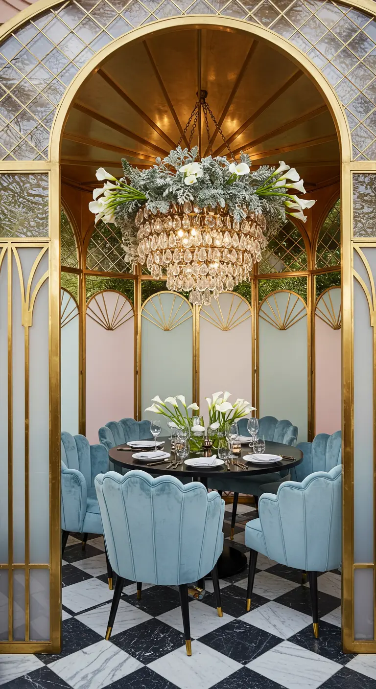 An Art Deco style pavilion with a crystal and calla lily chandelier over blue velvet chairs.
