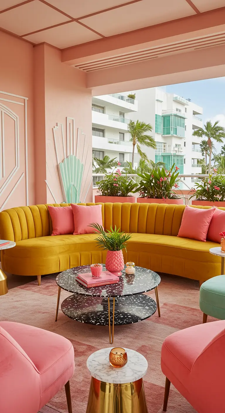 A curved mustard sofa in a pink-walled patio with a terrazzo table and pink and mint accents.