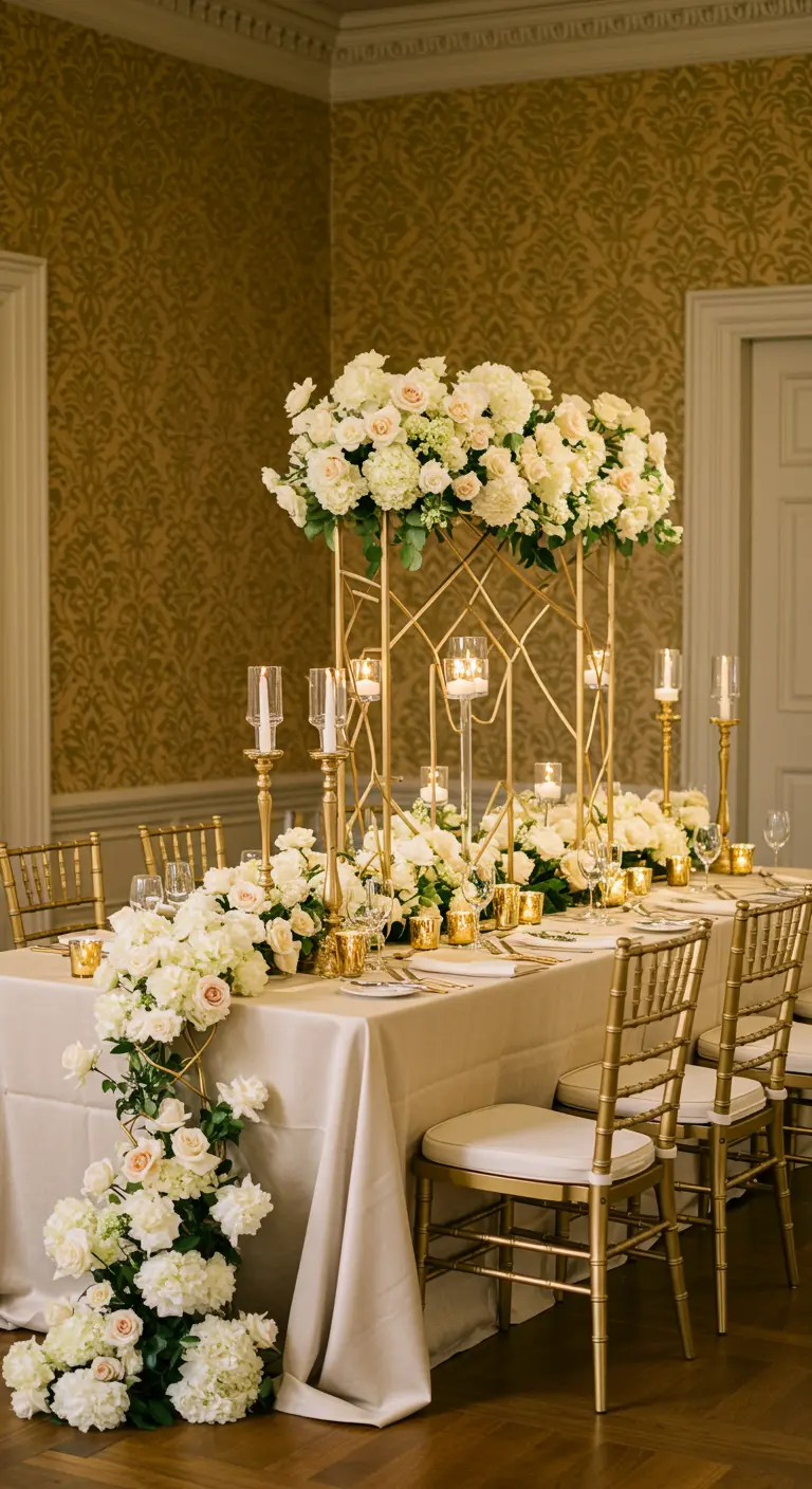 A tall, geometric gold stand holds a massive white floral arrangement that cascades to the floor.