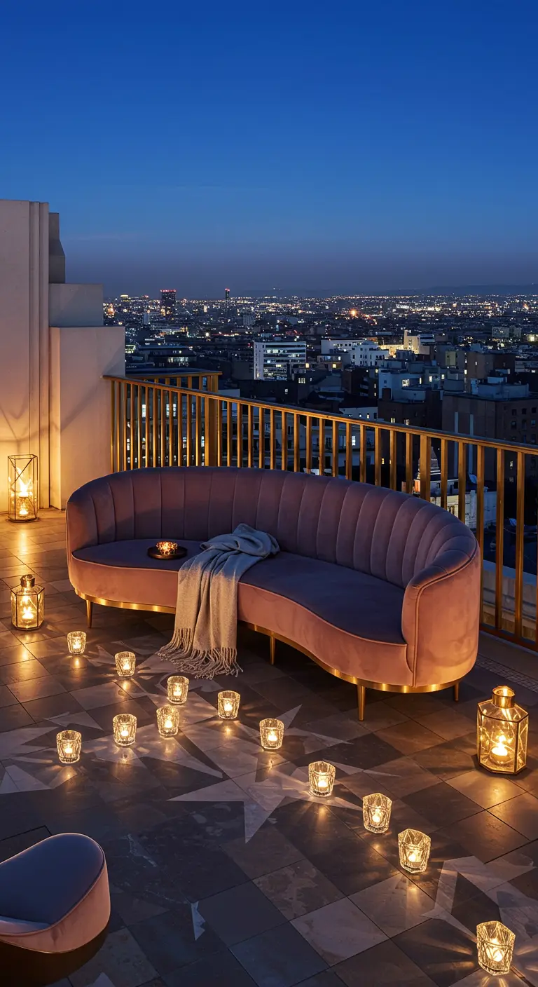 A glamorous rooftop with a curved pink velvet sofa and dozens of geometric candle holders.