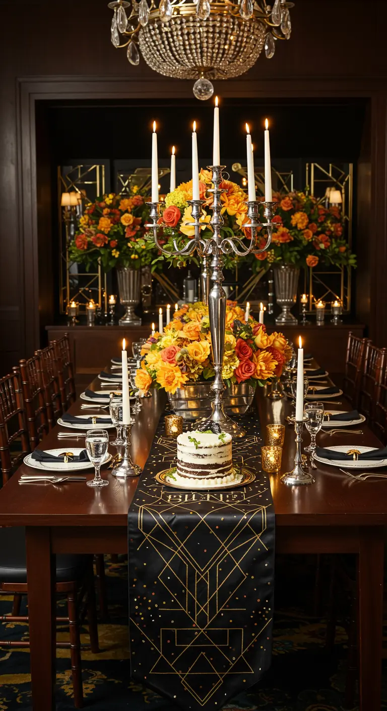 Opulent dining table with silver candelabras, a black and gold runner, and vibrant flowers.