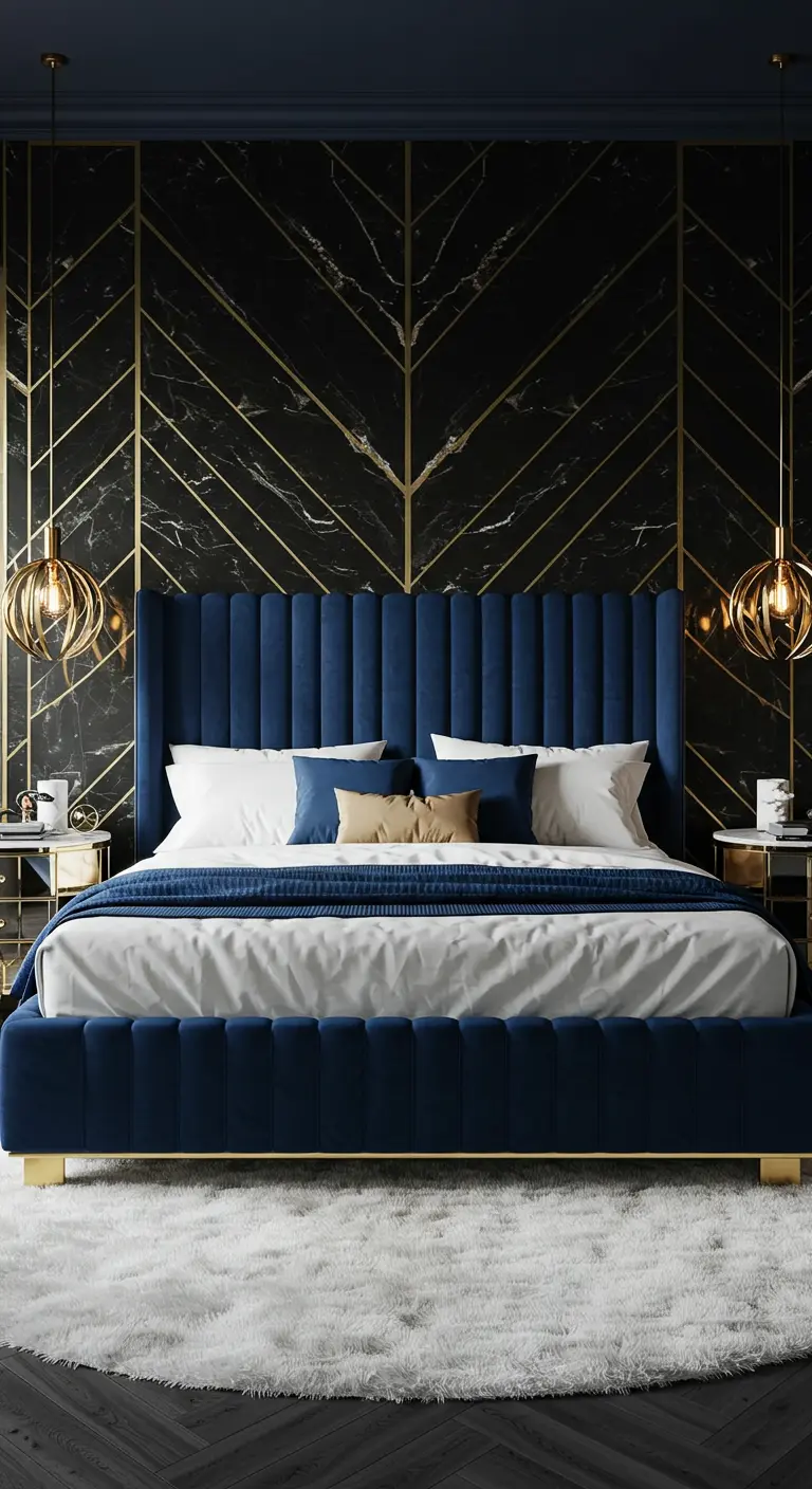 A striking bedroom with a black marble wall featuring gold geometric lines and a royal blue velvet bed.