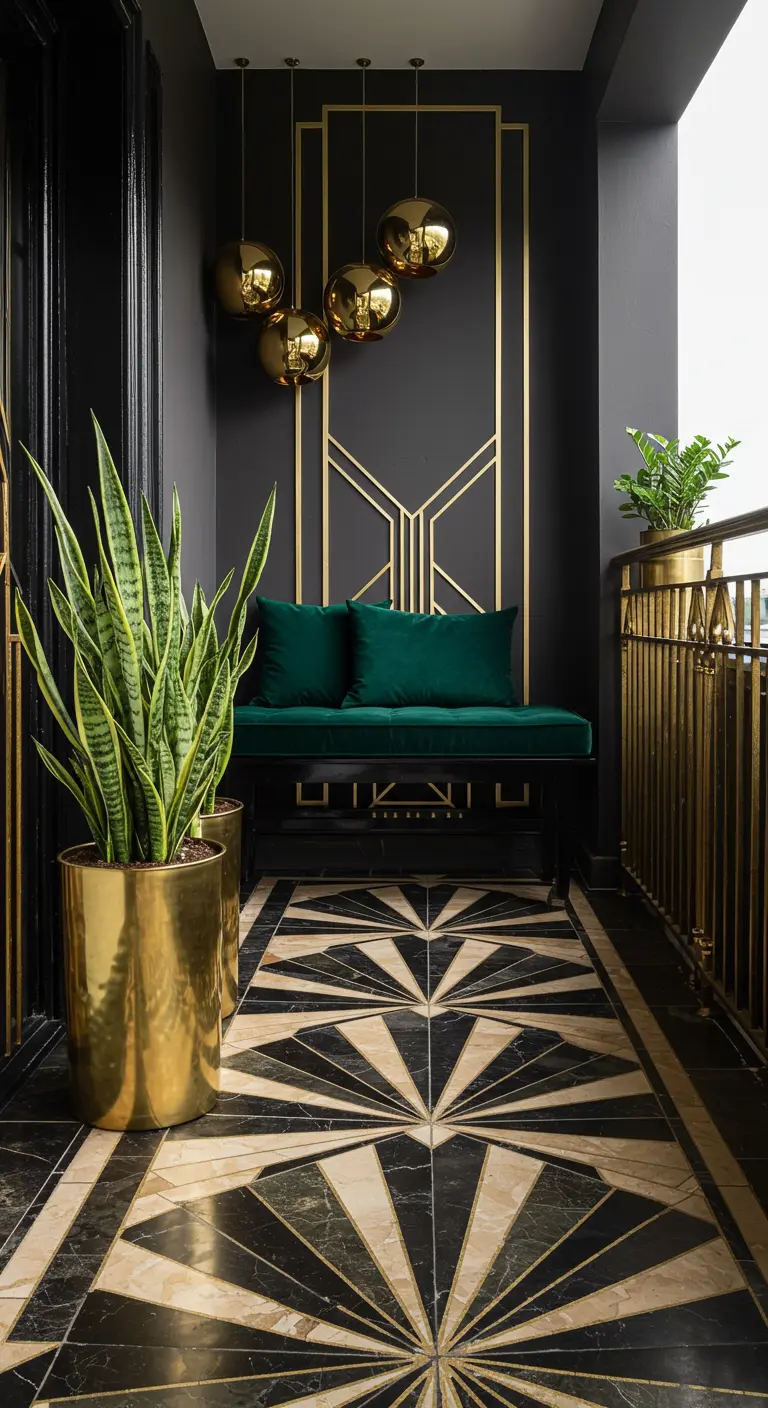 A glamorous Art Deco balcony with black and gold fan-patterned tiles and an emerald green bench.
