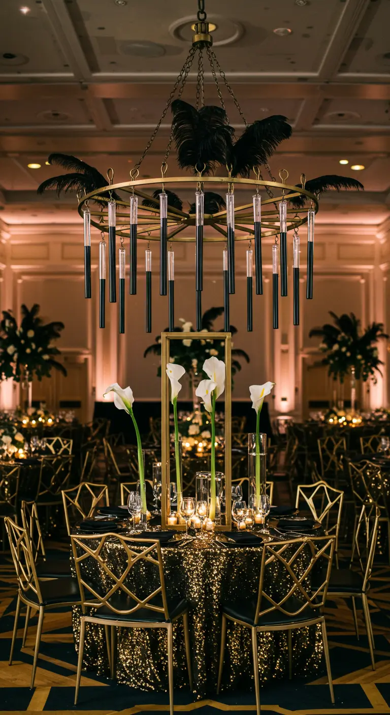 A glamorous Art Deco-style chandelier with hanging vases and feathers over a round table.