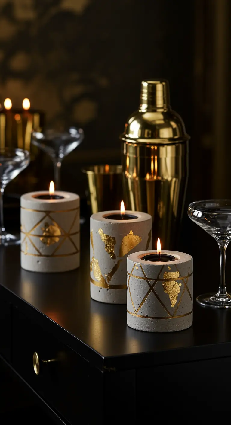 Cylindrical concrete votive holders decorated with gold leaf patterns next to a cocktail shaker.