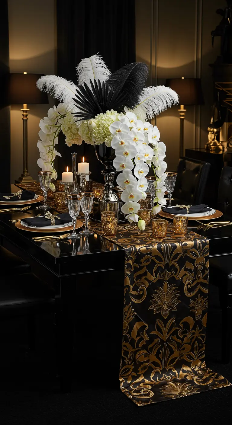 A glamorous black and gold table with a centerpiece of white orchids and ostrich feathers.