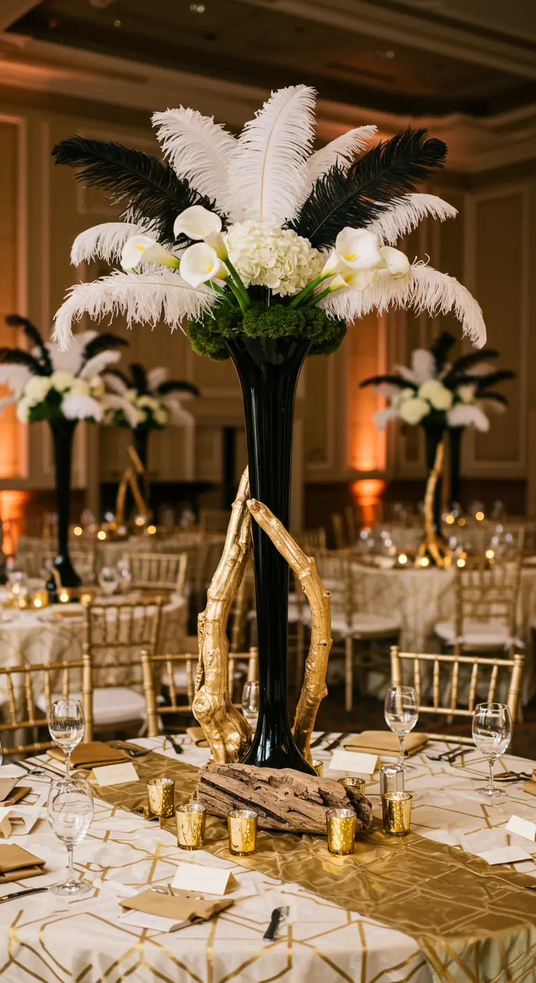 An Art Deco centerpiece with white and black feathers, calla lilies, and a gold driftwood base.