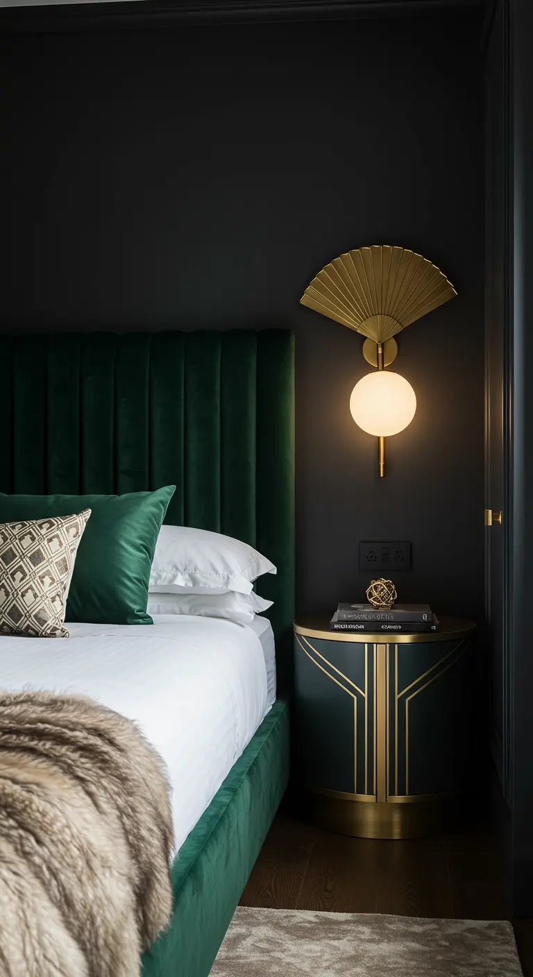 Dark bedroom with emerald velvet bed, Art Deco sconce, and round black nightstand.