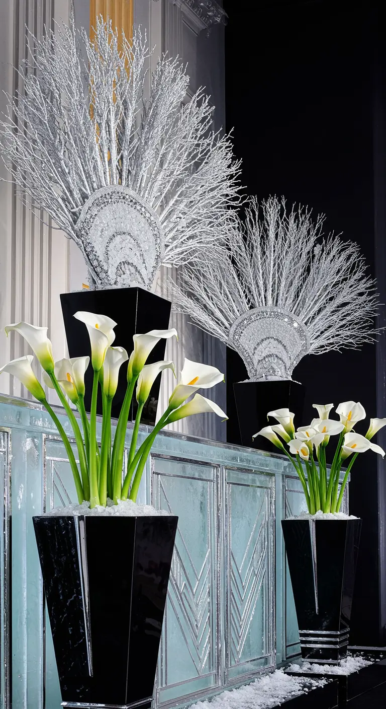 An Art Deco-inspired display with white calla lilies and elaborate silver fan-shaped branch arrangements.