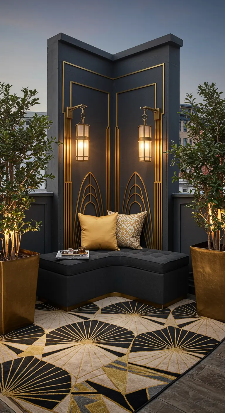 Art Deco-inspired balcony with a black bench, gold accents, and a geometric rug.
