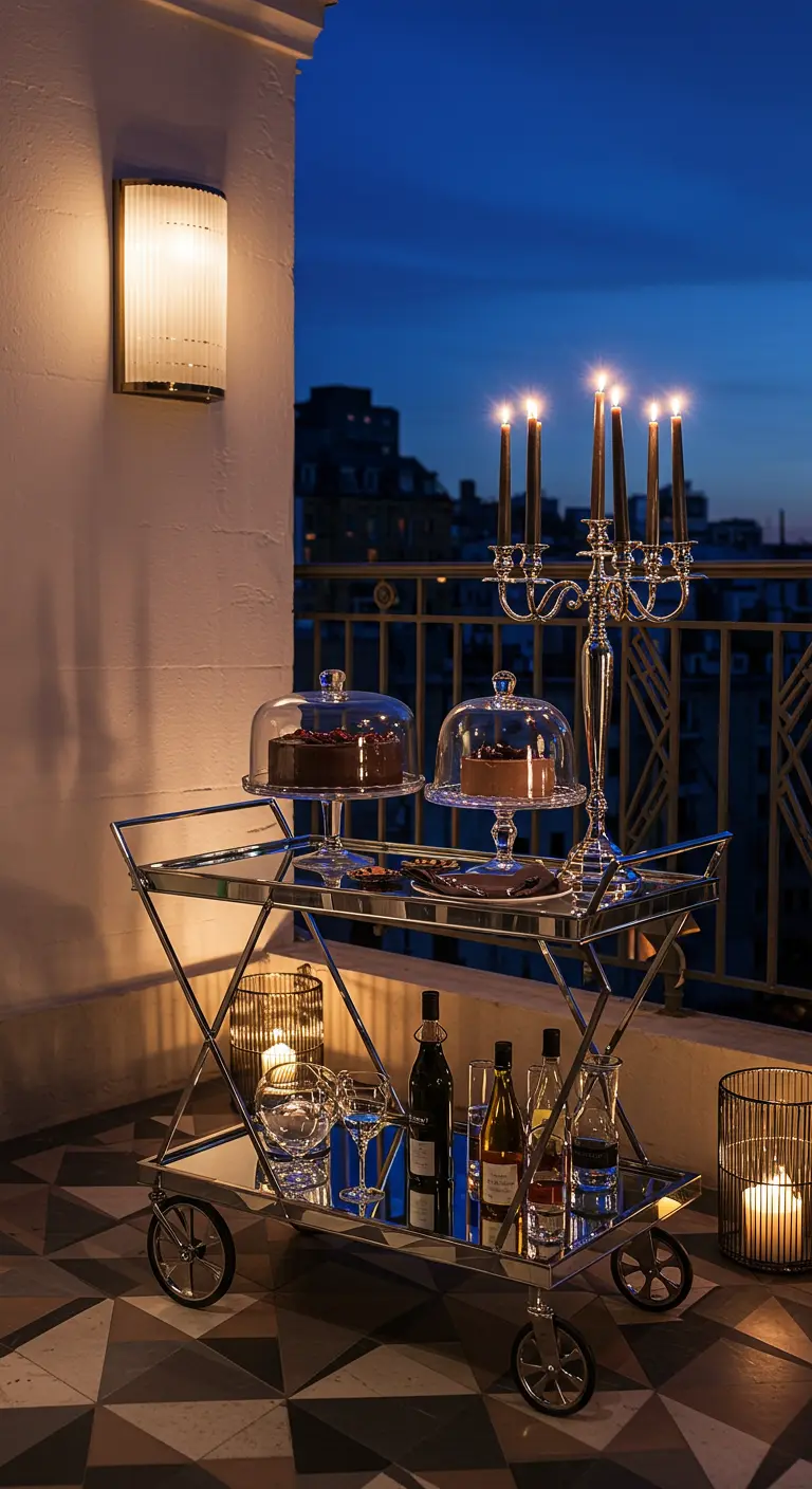 A glamorous chrome bar cart on a balcony with chocolate cakes, black candles, and city views.