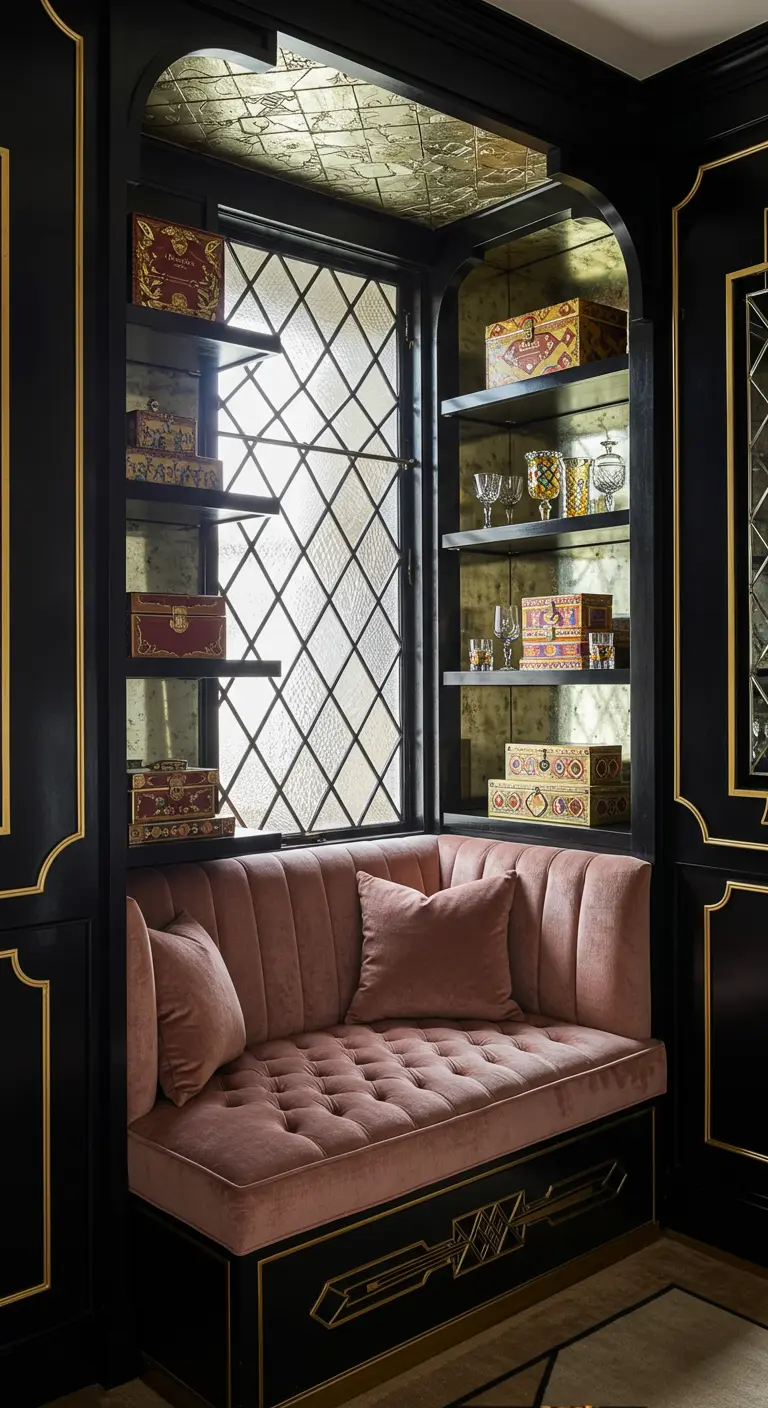 A glamorous Art Deco reading nook with black and gold trim, a pink velvet seat, and a tin tile ceiling.