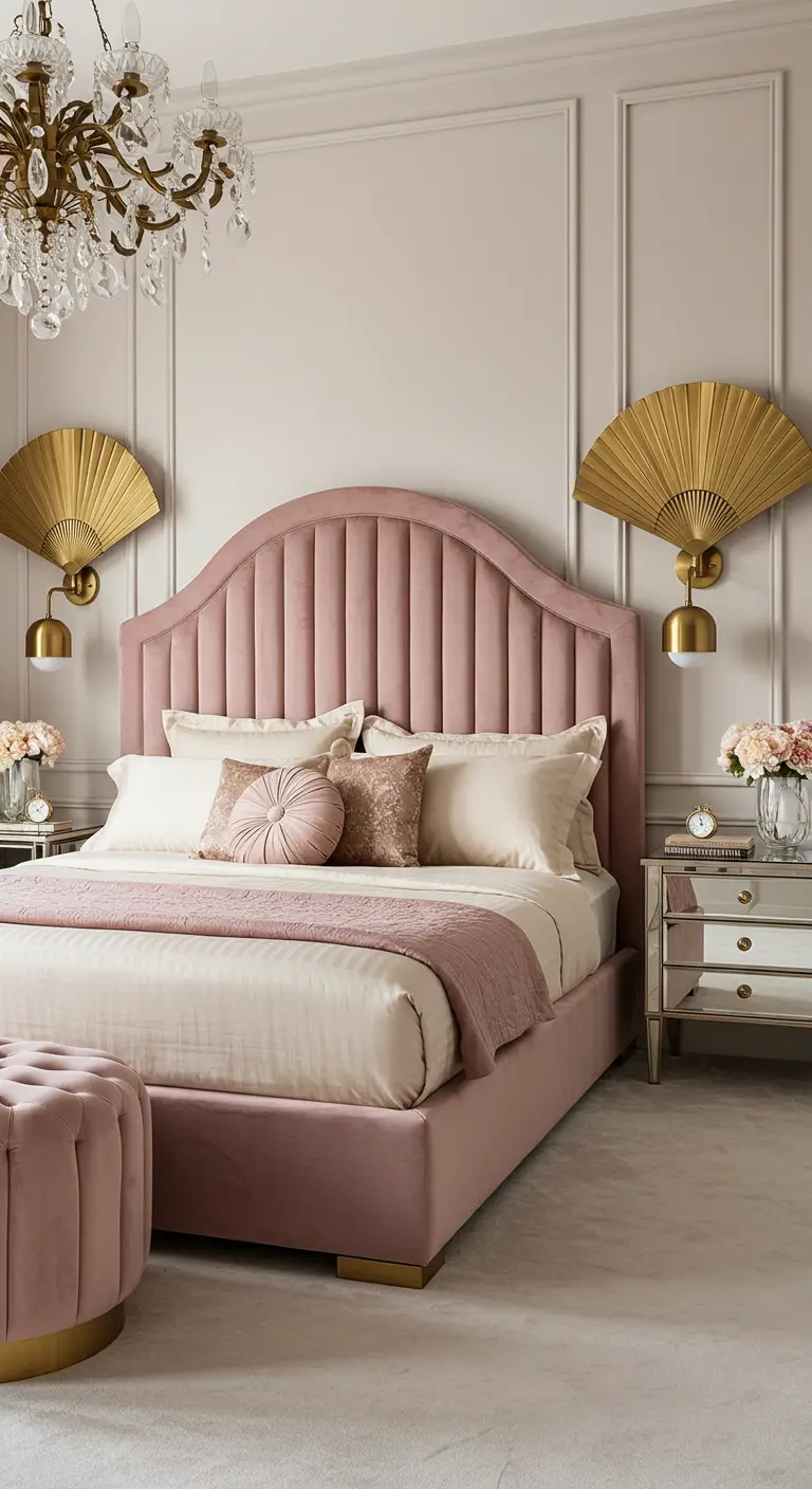 Dusty rose velvet bed flanked by gold fan-shaped sconces and mirrored nightstands.