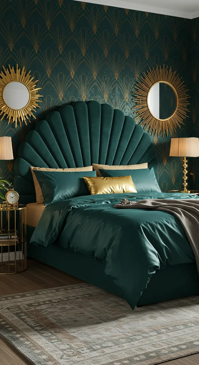 Teal bedroom with Art Deco wallpaper and a scalloped velvet headboard.