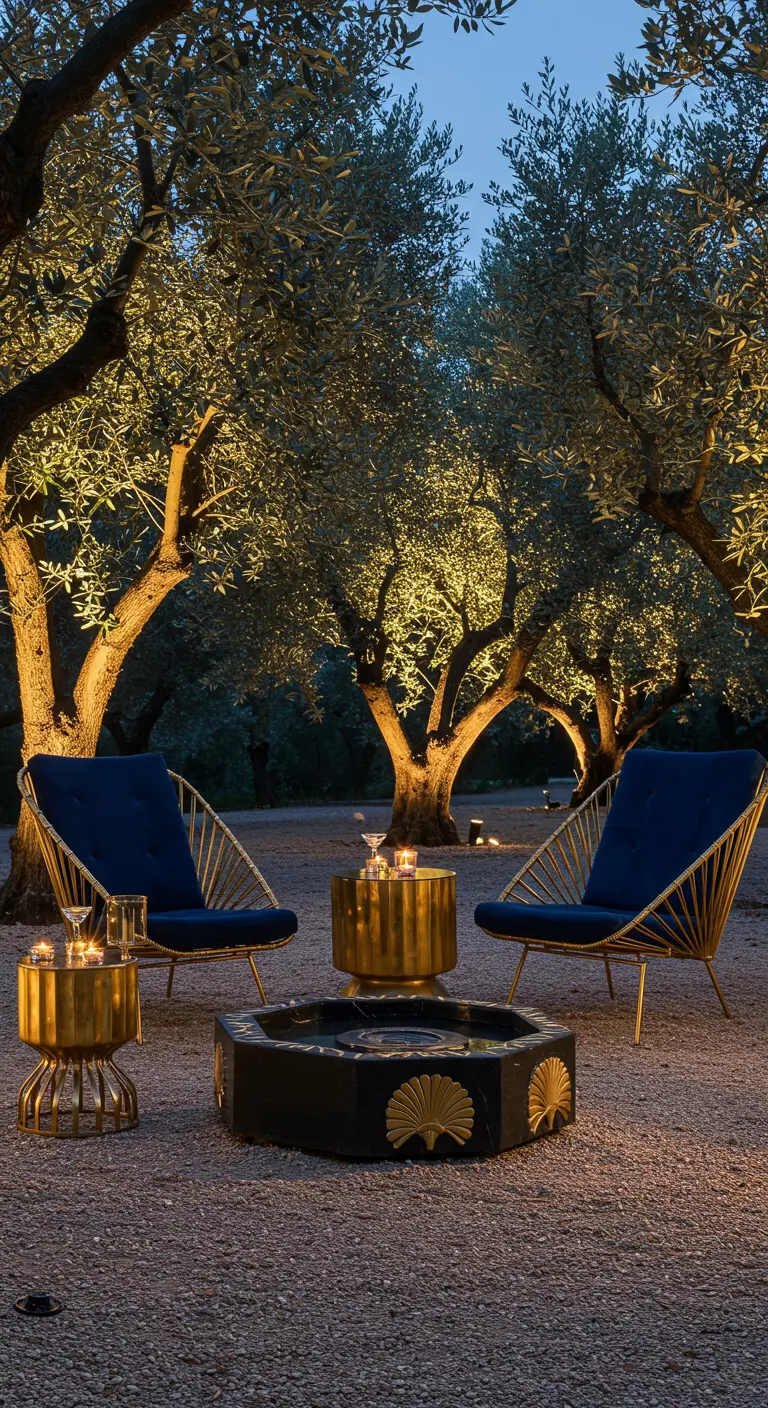 An evening garden scene with gold chairs, blue cushions, and a black marble water feature.