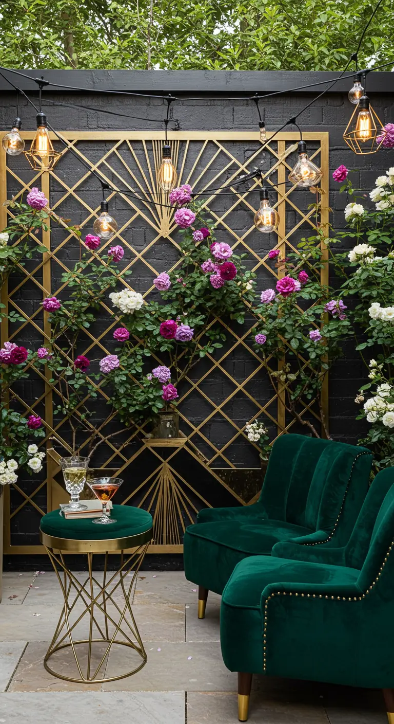 An art deco gold trellis against a black wall, with pink and white roses and green velvet chairs.