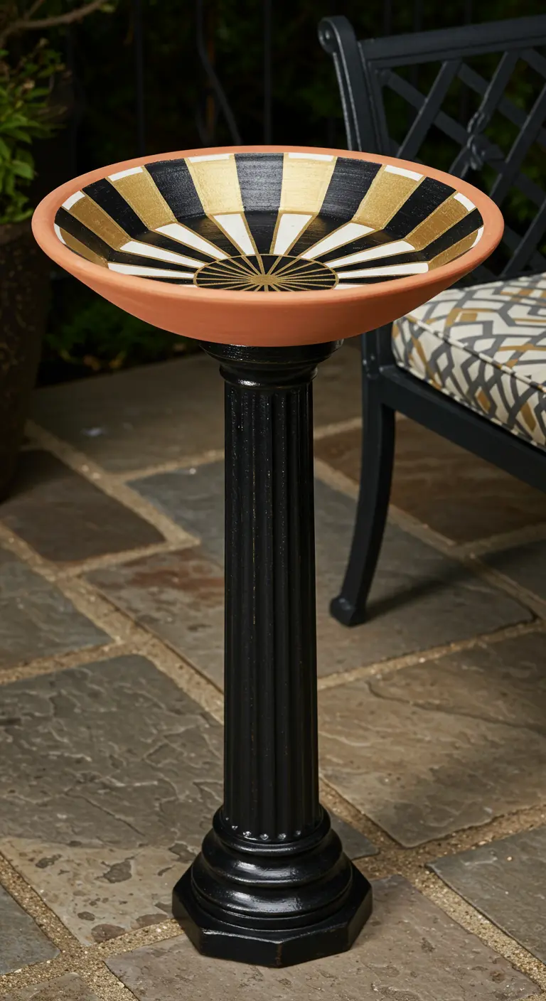 An Art Deco birdbath with a black, white, and gold sunburst pattern on a black pedestal.