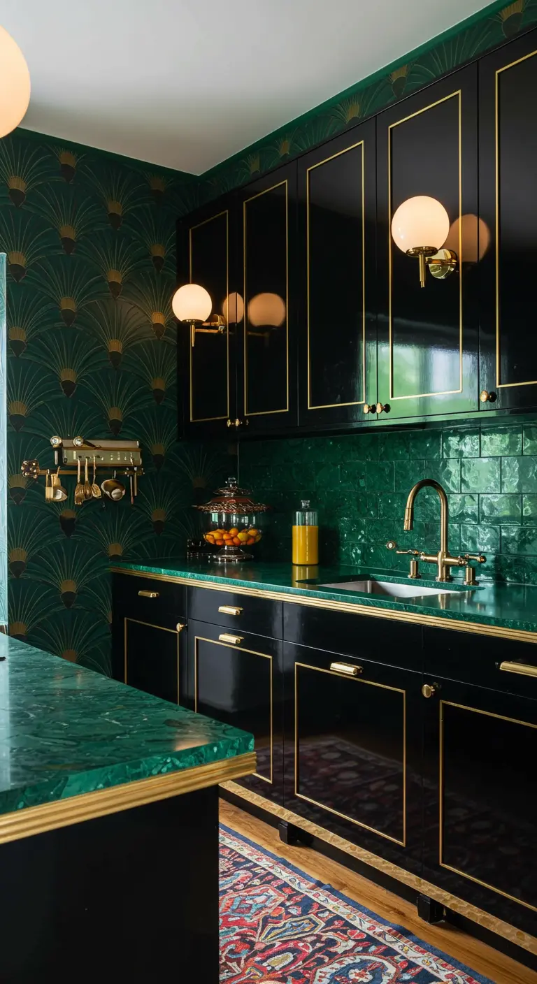 Art Deco kitchen with green and gold wallpaper, black cabinets with gold trim, and a green tile backsplash.