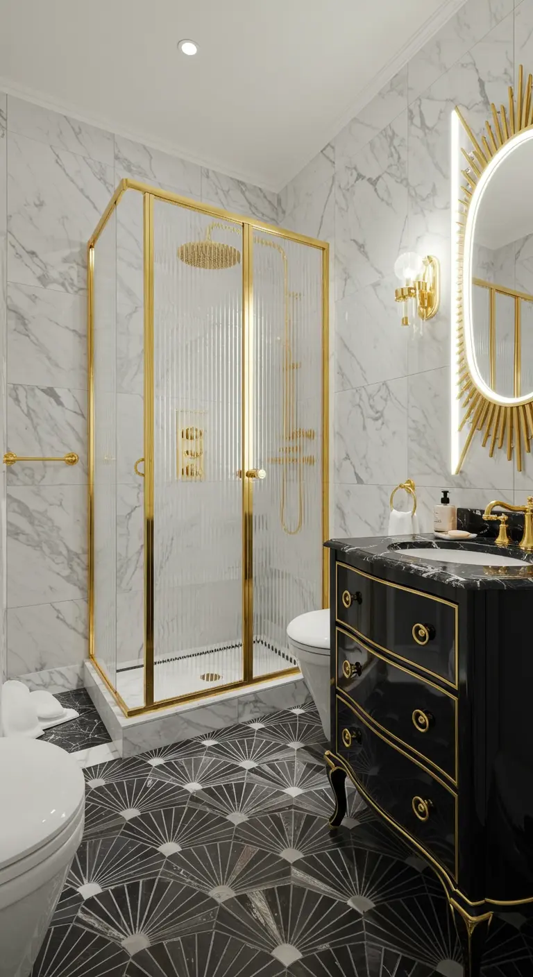 Art Deco-inspired bathroom with a black vanity, gold fixtures, and fan-patterned floor.