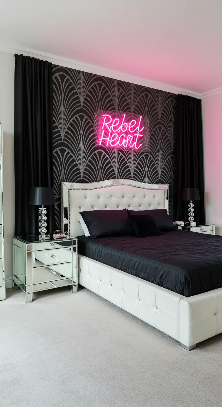 Bedroom with Art Deco wallpaper, white bed, and a pink neon sign.