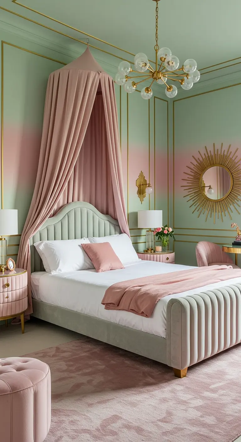 Glamorous bedroom with mint and blush ombre walls, gold trim, and a velvet bed.
